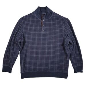 Roundtree & Yorke Pullover Mens XL Navy Blue Excellent Grid Pattern Mock Neck